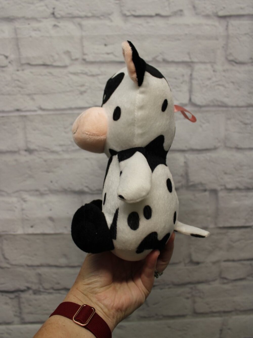 Small Black White Cow Felt Like Plush Toy Embroidered Face - Picture 2 of 8